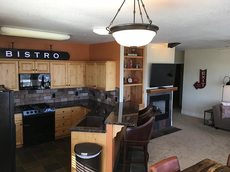 Living room, dining room and kitchen