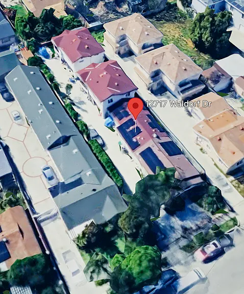Please note Google Street View is 10 years outdated. This is a recent Satellite view.
_ Light roof = remodeled front house with solar panels (utilities included!).
_ Dark roofs = newly constructed buildings
_ Dark squares: Solar panels on the front house