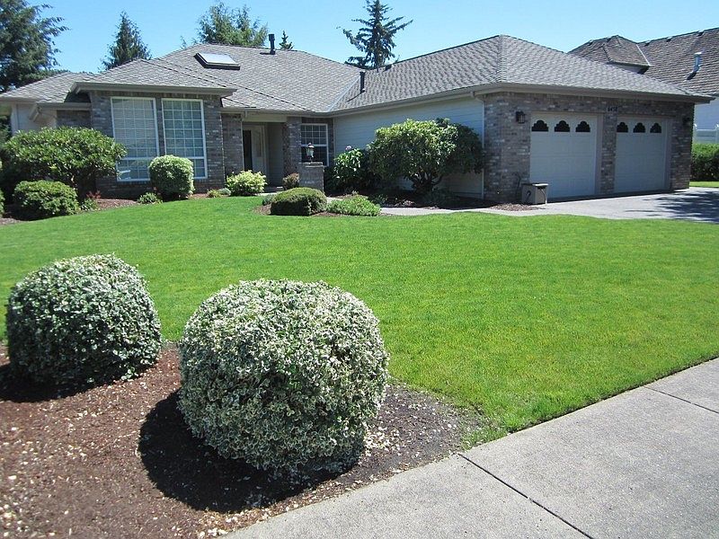 Front View : Easy-care landscaping with new, weed-free lawn.