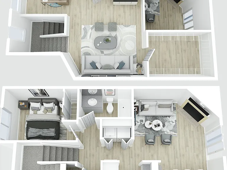 Explore the elegant design of this duplex, with its spacious living areas and contemporary features. Explore the elegant design of this duplex, with its spacious living areas and contemporary features.