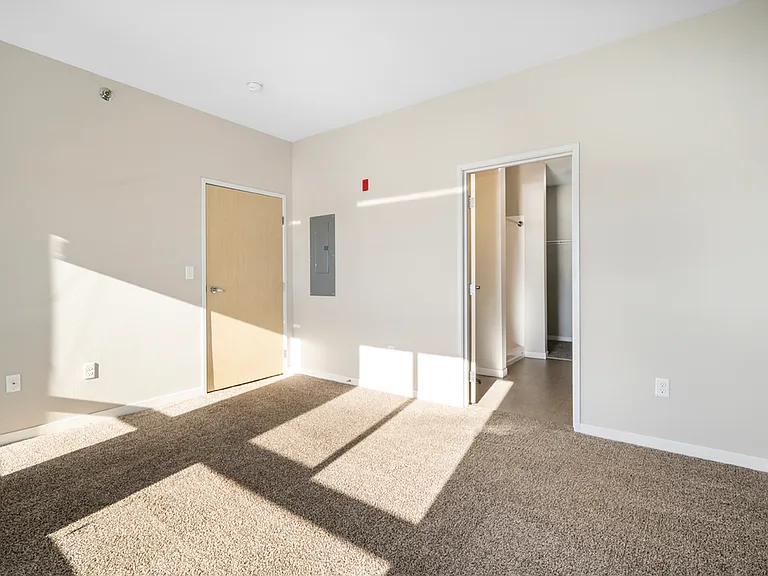 Bright, spacious room with plush carpet and natural light from large window, featuring a walk-in closet and modern finishes. Bright, spacious room with plush carpet and natural light from large window, featuring a walk-in closet and modern finishes.