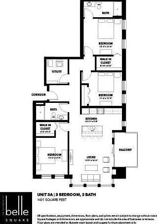 Modern floor plan for Belle Square Unit 3A featuring 3 bedrooms, 2 bathrooms, and a spacious living room with balcony, 1421 sq ft. Modern floor plan for Belle Square Unit 3A featuring 3 bedrooms, 2 bathrooms, and a spacious living room with balcony, 1421 