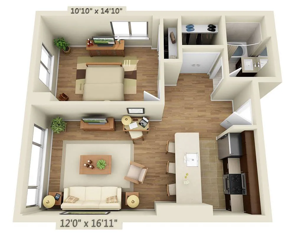 Floor plan One Bedroom A1P-R