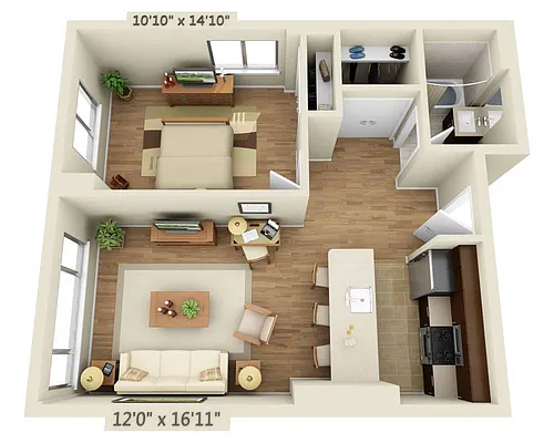 Floor plan One Bedroom A1P-R