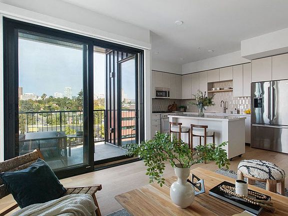 Balcony off the Living Room of a Two Bedroom Apartment at Ten 310 in Los Angeles, CA.