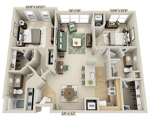 Floor plan Two Bedroom B2D