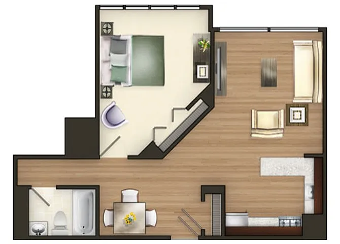 Floor plan A1: 1 BR/1BA 640 SF