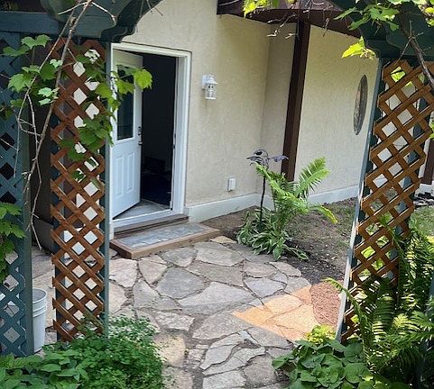 Arched grapevine to enter: lighted metal sculpture above the plants