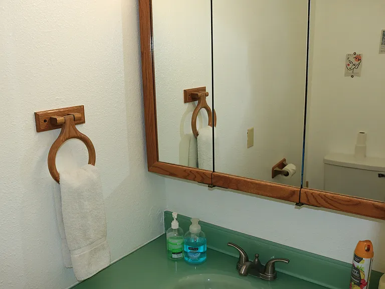 half bathroom with new sink, vanity mirror and toilet.