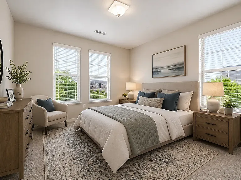 Primary bedroom with plush carpeting, large windows, and ample natural light.