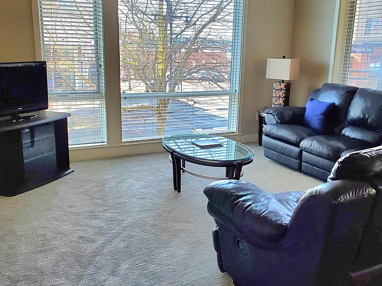 Living room with partial waterfront view