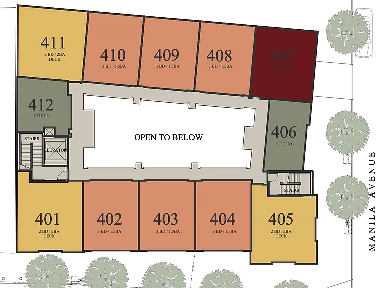 This is the terrace level. Lofty views from 10 townhouses and 2 flats.
The corner Penthouses have private rooftop terraces overlooking the City or the distant hills.
Here's the plan key.
The Green units are studio flats. The Mustard units are 2 bdrm/2 bat