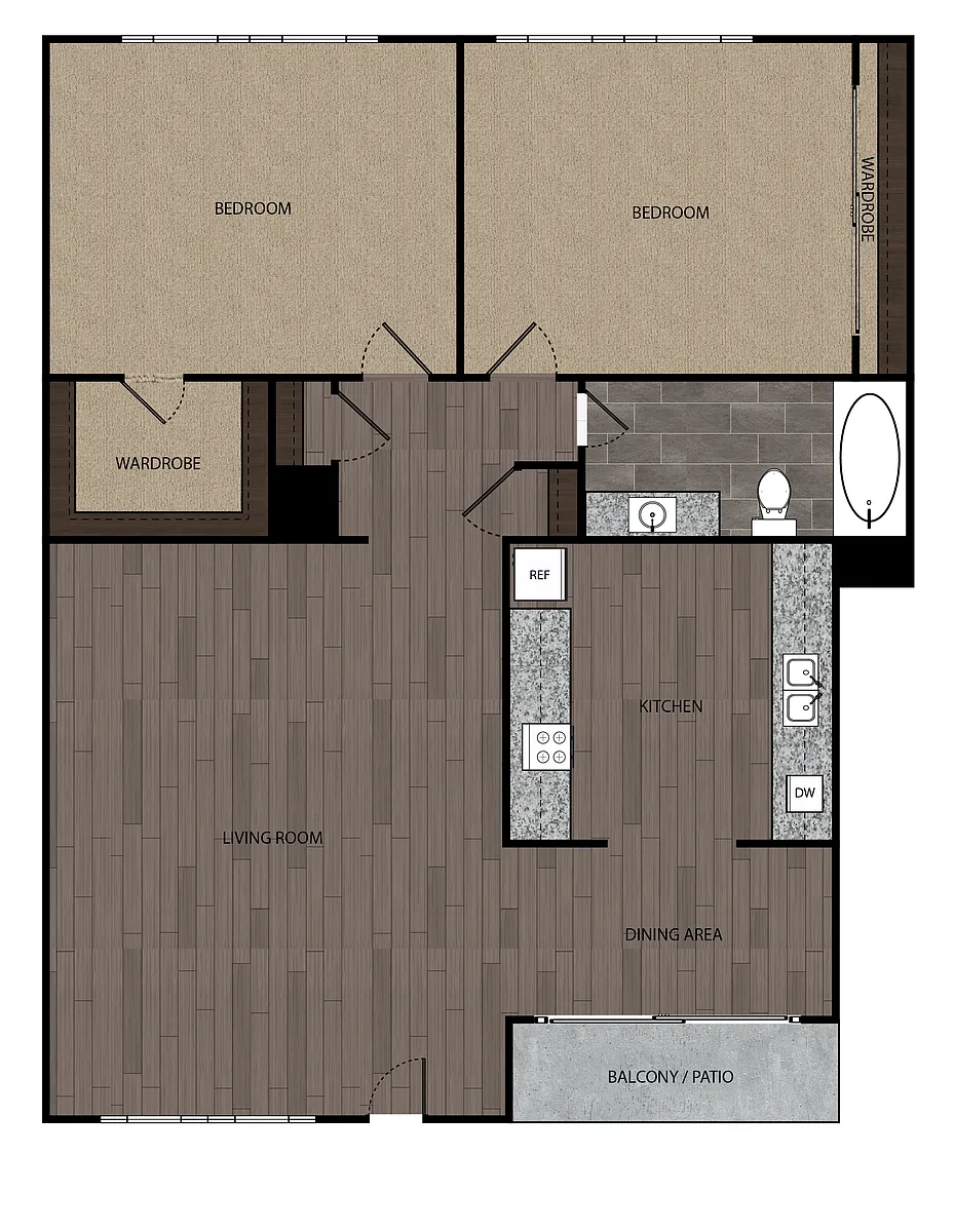 Floor plan 2 Bed, 1 Bath, 840-1200 sf, (5)