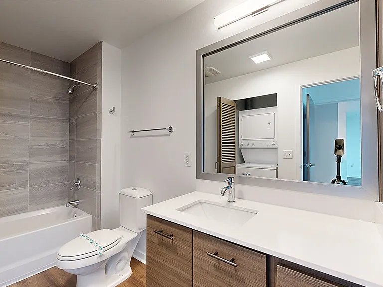 Apartment bathroom with wood-style flooring.