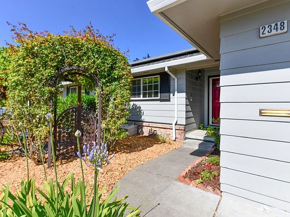 Front yard rose arch with trellised table grapes, gated sitting area.