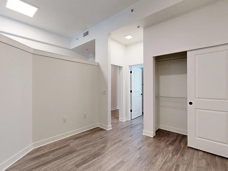 Spacious apartment Bedroom with Large Closet and Wood Style Flooring.