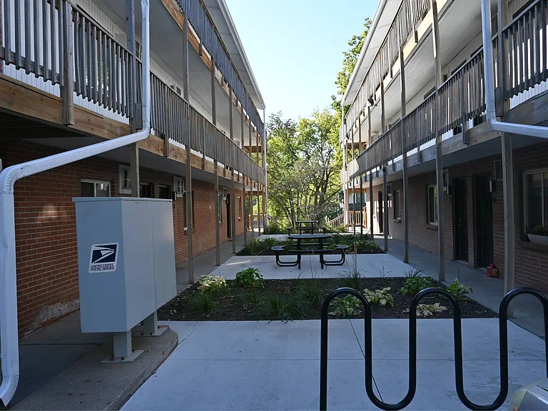 Mail box and bike racks in common area at Cuming St. Apartments.