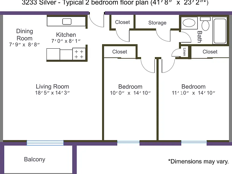Typical 2 bedroom floor plan for 3233 Silver Avenue, dimensions may vary.