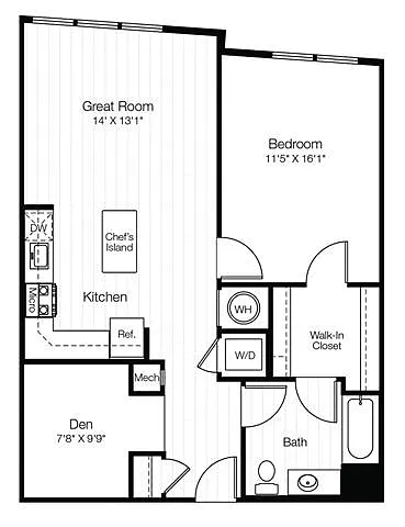 Floor plan A11AD 1 Bedroom 1 Bath with Den