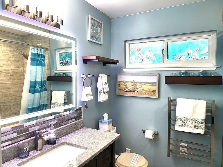 Bathroom vanity with skylight and towel warmer.