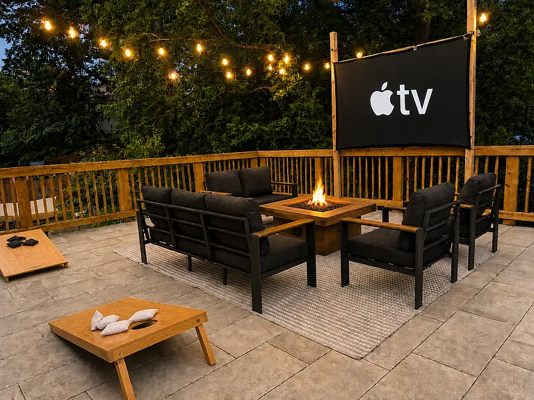 Watch movies under the stars, gather around the fire, play games and create unforgettable memories with your own private rooftop deck and skyline views. Featuring a 150" outdoor theater, fire pit, lounge seating, and games.