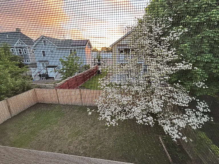 Screened in porch with view of backyard