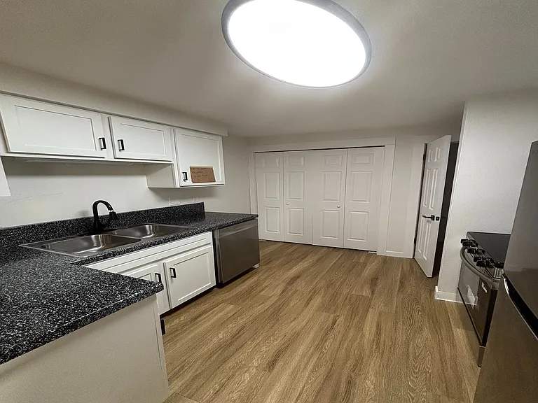 Modern kitchen with granite countertops, sleek black fixtures, and elegant wood-style flooring, perfect for culinary adventures.