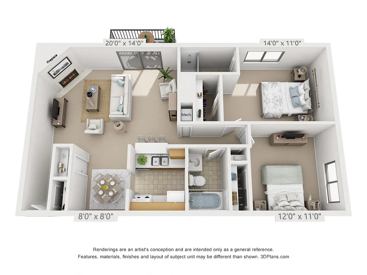 Floor plan 2 Bedroom, 2 Bath (Balcony/Fireplace/Courtyard Vie