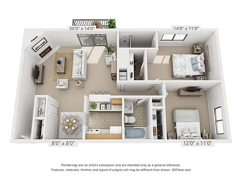 Floor plan 2 Bedroom, 2 Bath (Balcony/Fireplace/Courtyard Vie
