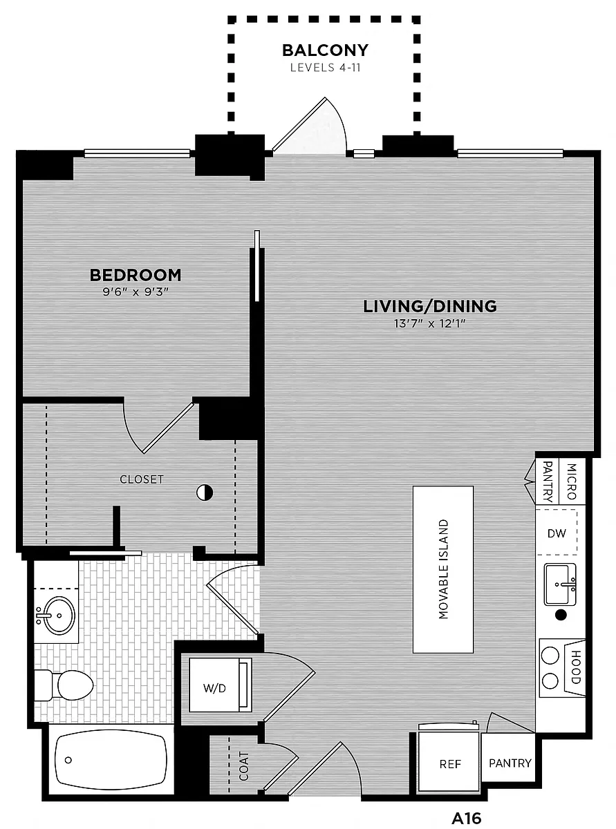 Floor plan 1 Bed - 1 Bath | Brock A16