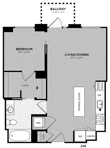 Floor plan 1 Bed - 1 Bath | Brock A16