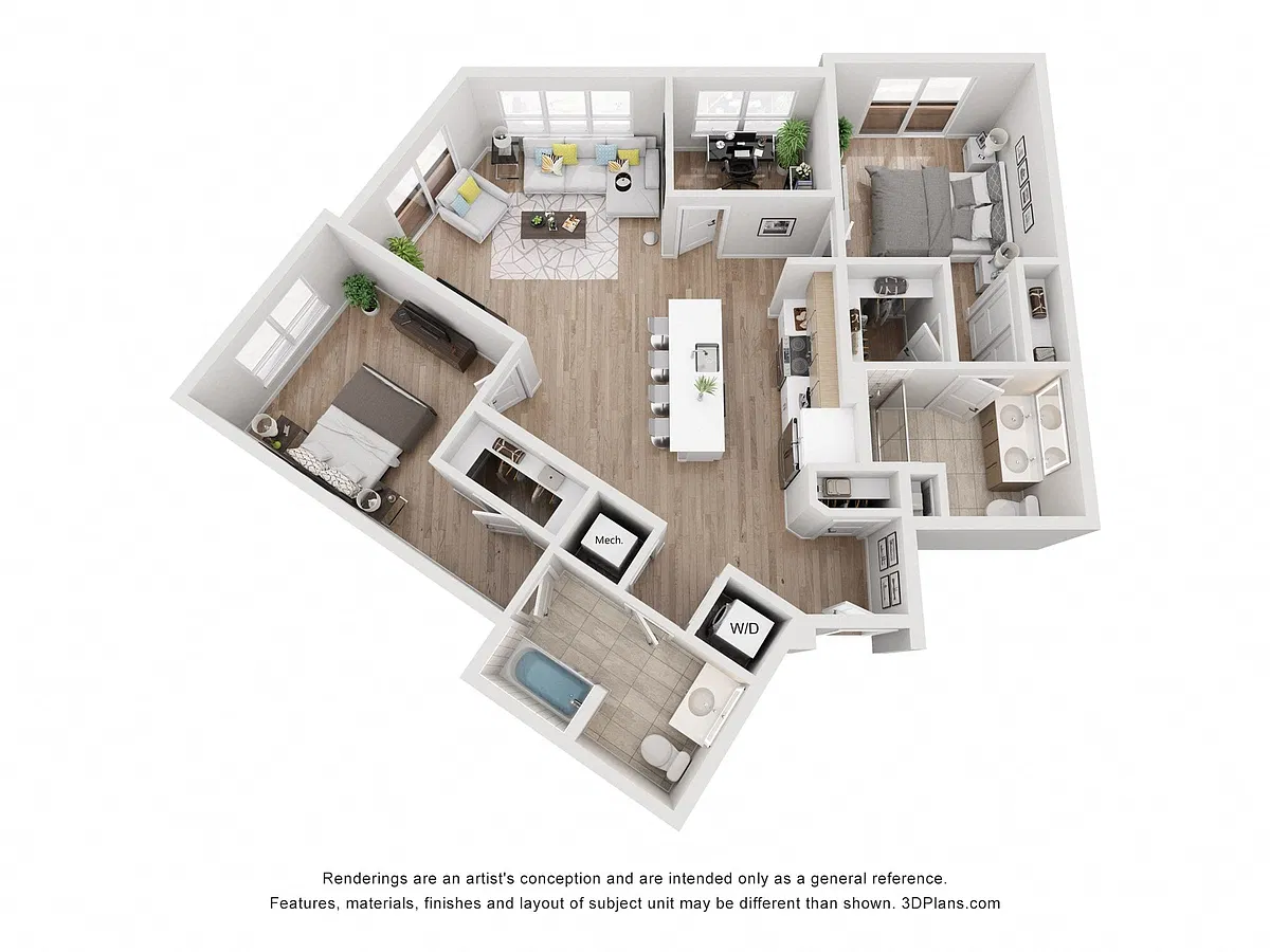 Floor plan Avenue G | 2 Bed/2 Bath Den-BW-15.1