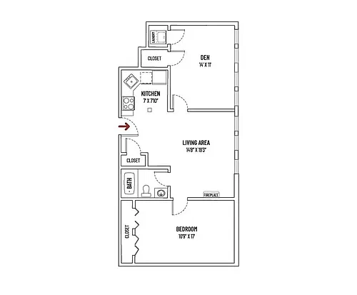 Floor plan 1BR, 1BA+Den
