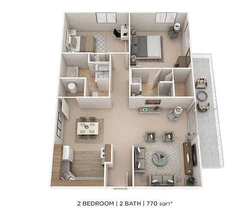Floor plan Two Bedroom 2 Bath- 770 sqft