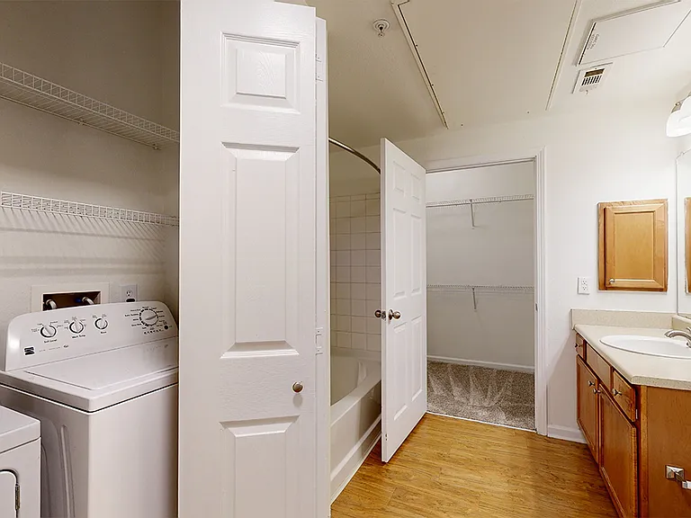 Apartment bathroom with wood-style flooring and spacious closet.
