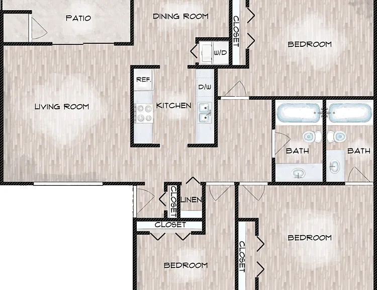 3 Bed 2 Bath AF Floorplan Diagram