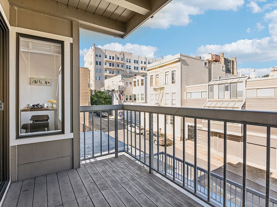 Balcony view with railing and a wooden floor, surrounding with buildings, and with a clear sky and soft sunlight illuminating the buildings