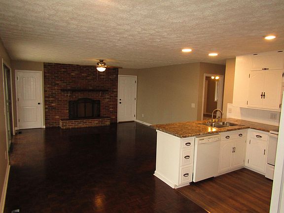 kitchen and family room with fireplace