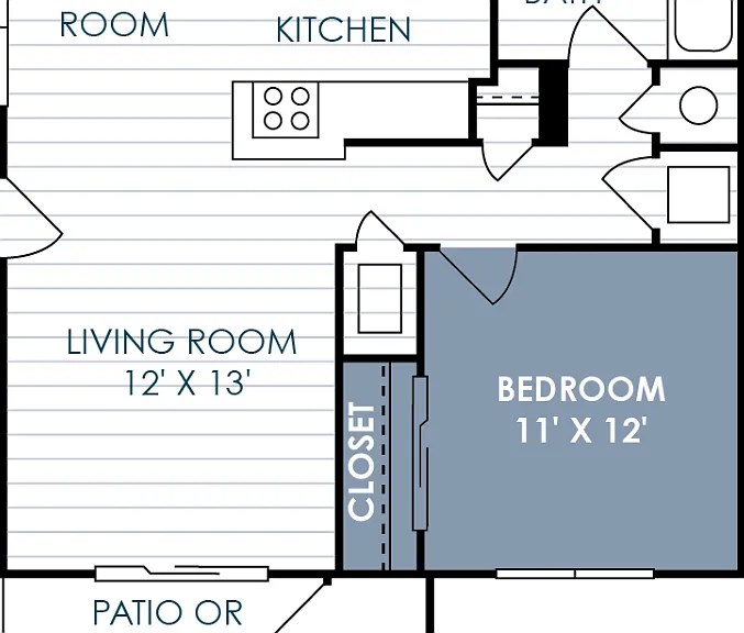 1 Bedroom 1 Bathroom B Floorplan Diagram
