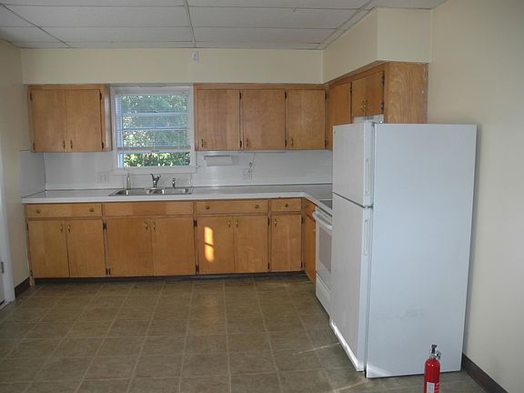Kitchen with view of back yard, rear door on left, dishwasher.