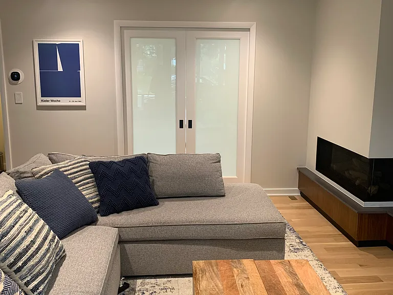 Custom gas fireplace built and Imported from luxury manufacturer abroad. One-of-a-kind and a real statement piece. Remote control settings offer ample customization of temperature and style (flames, lighting, etc). Gas fireplace - rare for this zip.