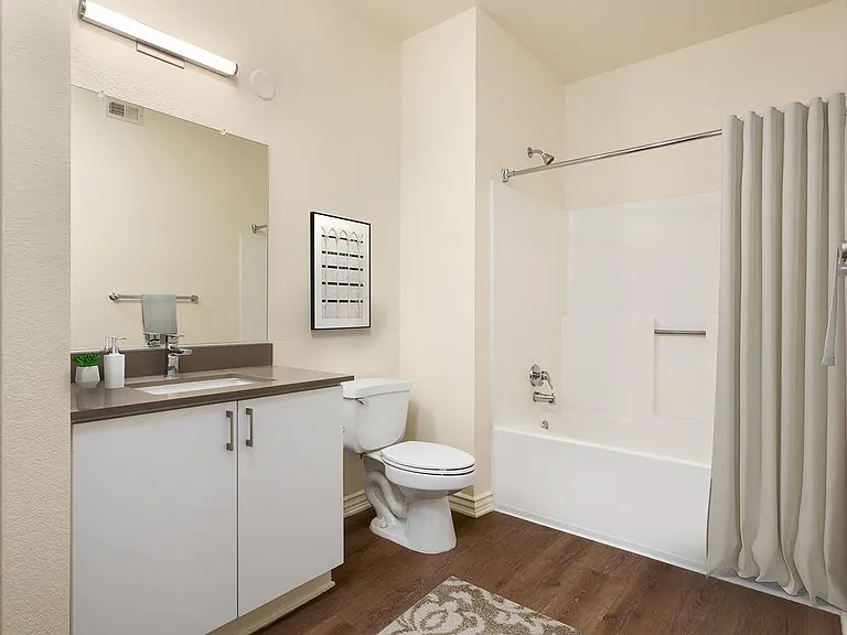 Renovated Package I bath with grey quartz countertops, white flat cabinetry, and hard surface flooring