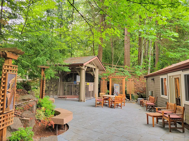 The community spa, communal summer outdoor meeting space, and gym (located in the building to the right of the picture).