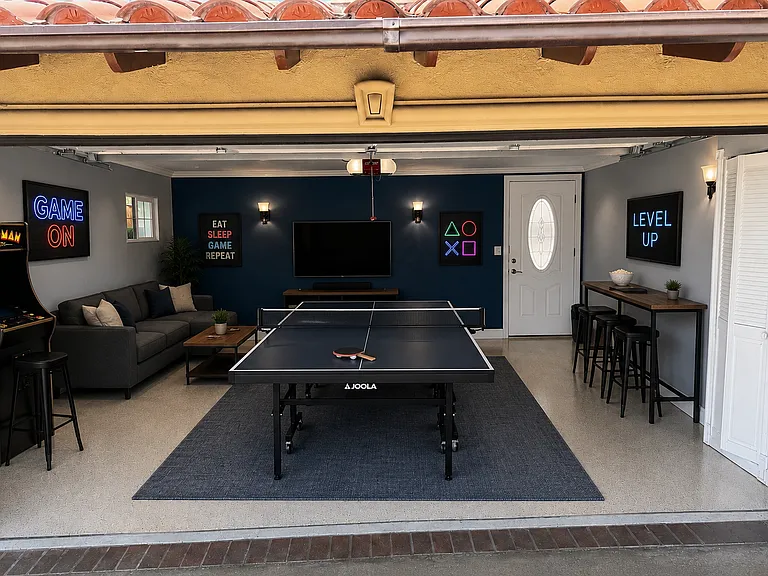 Garage with large attic storage that can be used for parking, game room, or gym