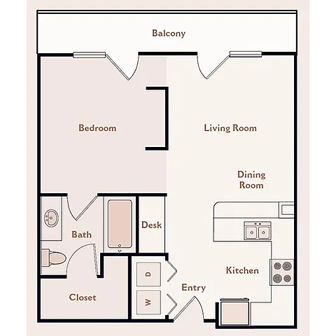 Floor plan The Williamsburg, 1 Bedroom 1 Bath