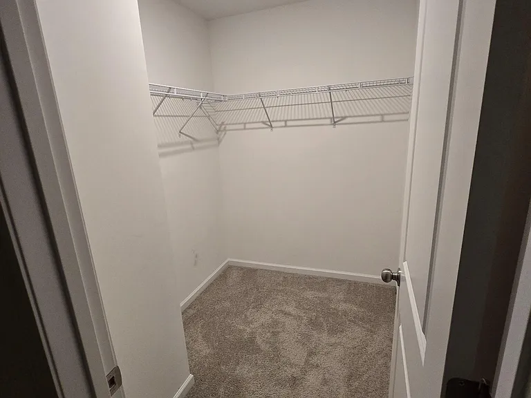 Spacious walk-in closet with carpeted flooring and durable wire shelving for organized hanging and storage.