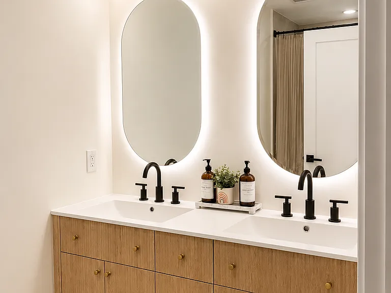 Enjoy a clean, beautifully appointed bathroom featuring soft cotton towels, luxury bath amenities, ample storage, and thoughtfully provided essentials to make your stay effortless.