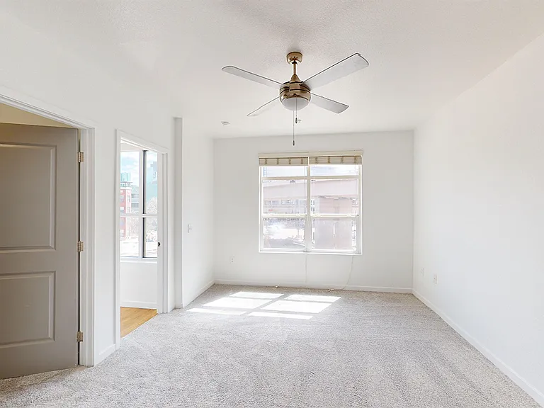 Spacious apartment bedroom with large closet and plush carpet flooring.