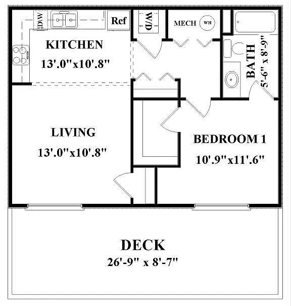 Floor plan 1x1 Pine - 660 Bldg