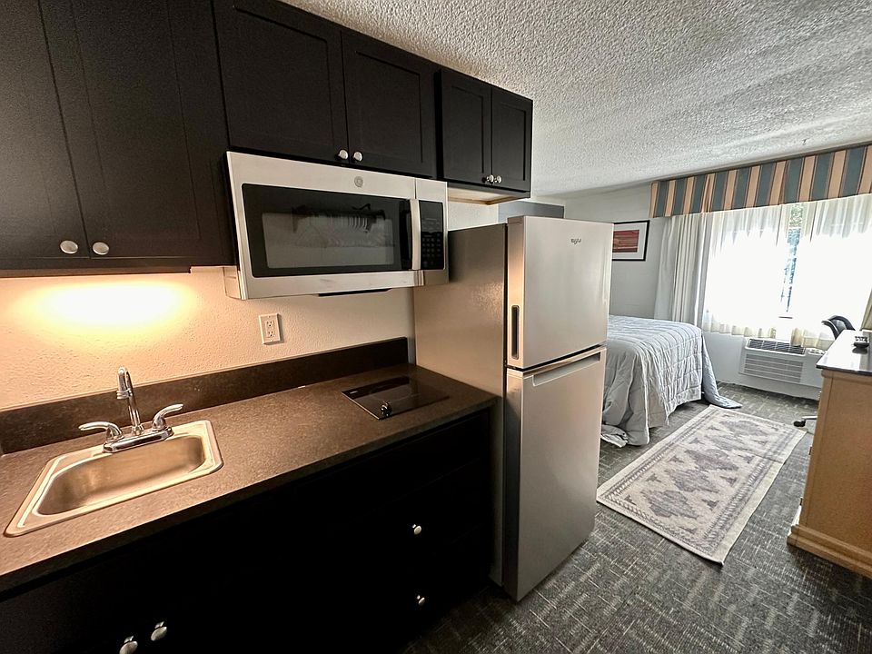 Kitchenette, Sink, glass-top stove, Microwave and Fridge-freezer.